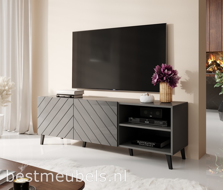 Hoogglans Grijs Tv meubel met 4 design poten.