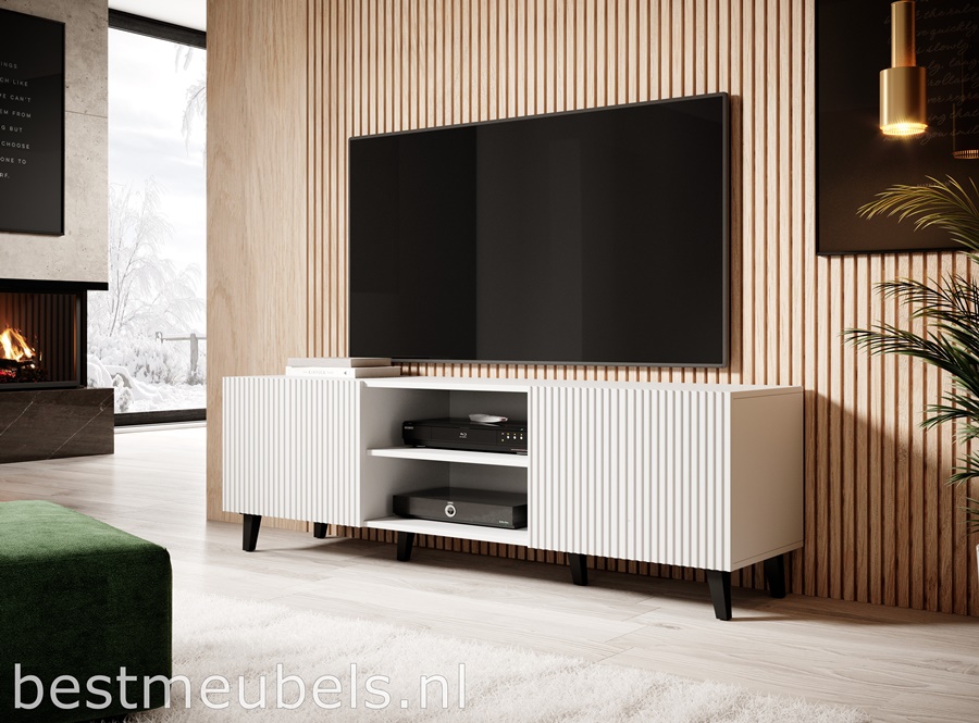 TV-meuble Pravia in de kleur mat wit met zwart.