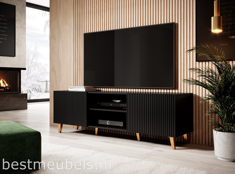 Tv meubel Pavos 150cm in de kleur mat zwart met goud.