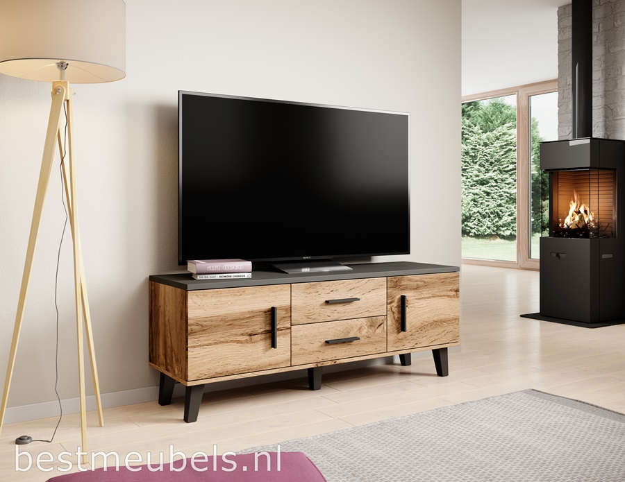 Tv meubel LETA 140cm in de kleur wotan met zwart .