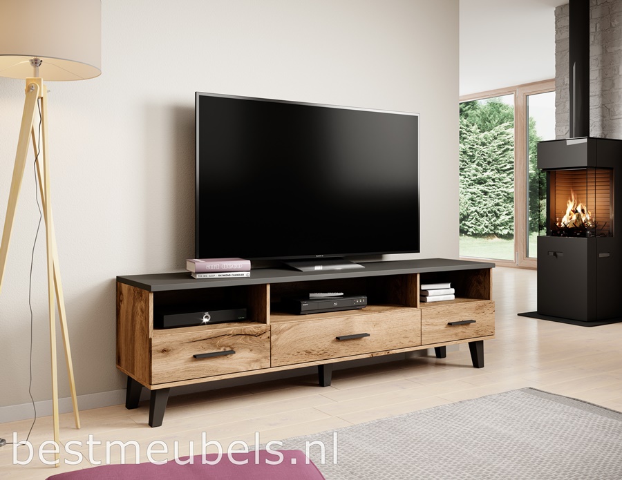 Tv meubel LETA in de kleur wotan met zwart .
